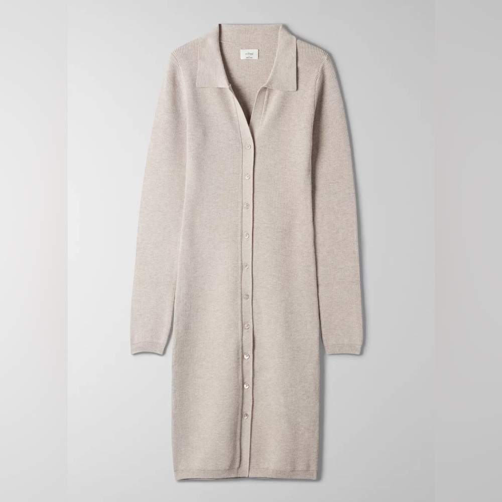 Aritzia Wilfred Cove Polo V-Neck Button Front Longsleeve Sweater Dress Beige